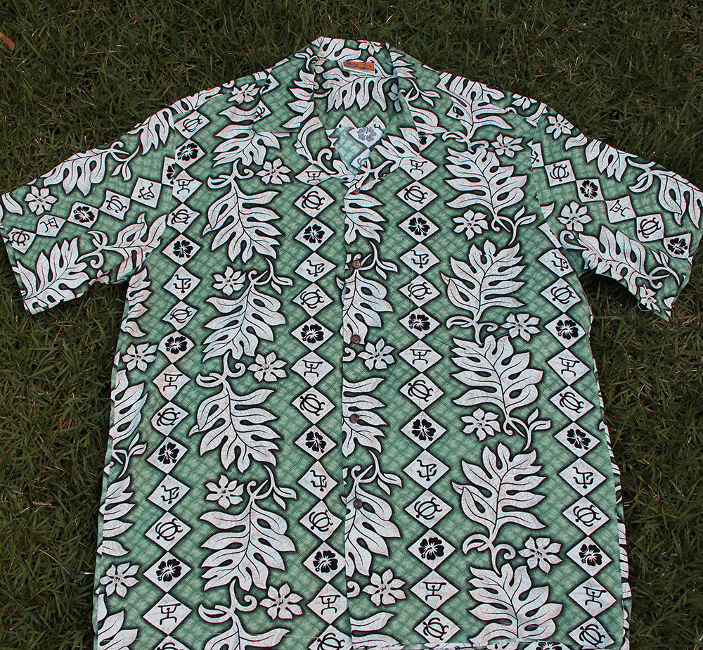 Heavy weight Rayon Hawaiian Shirt<br> #16 Green lei, S to 4XL