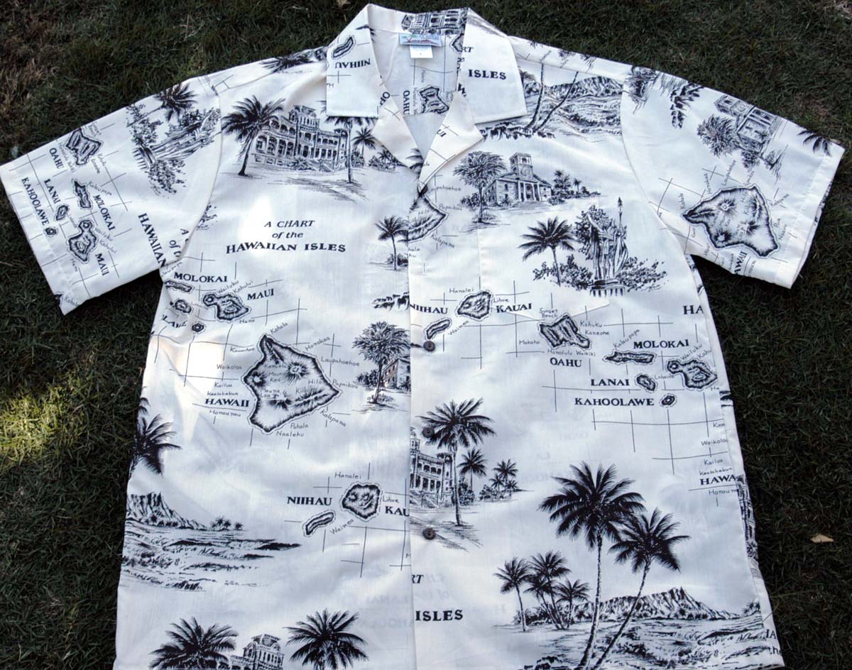 Hawaiian Shirt #38 Island chart/ white M-2XL