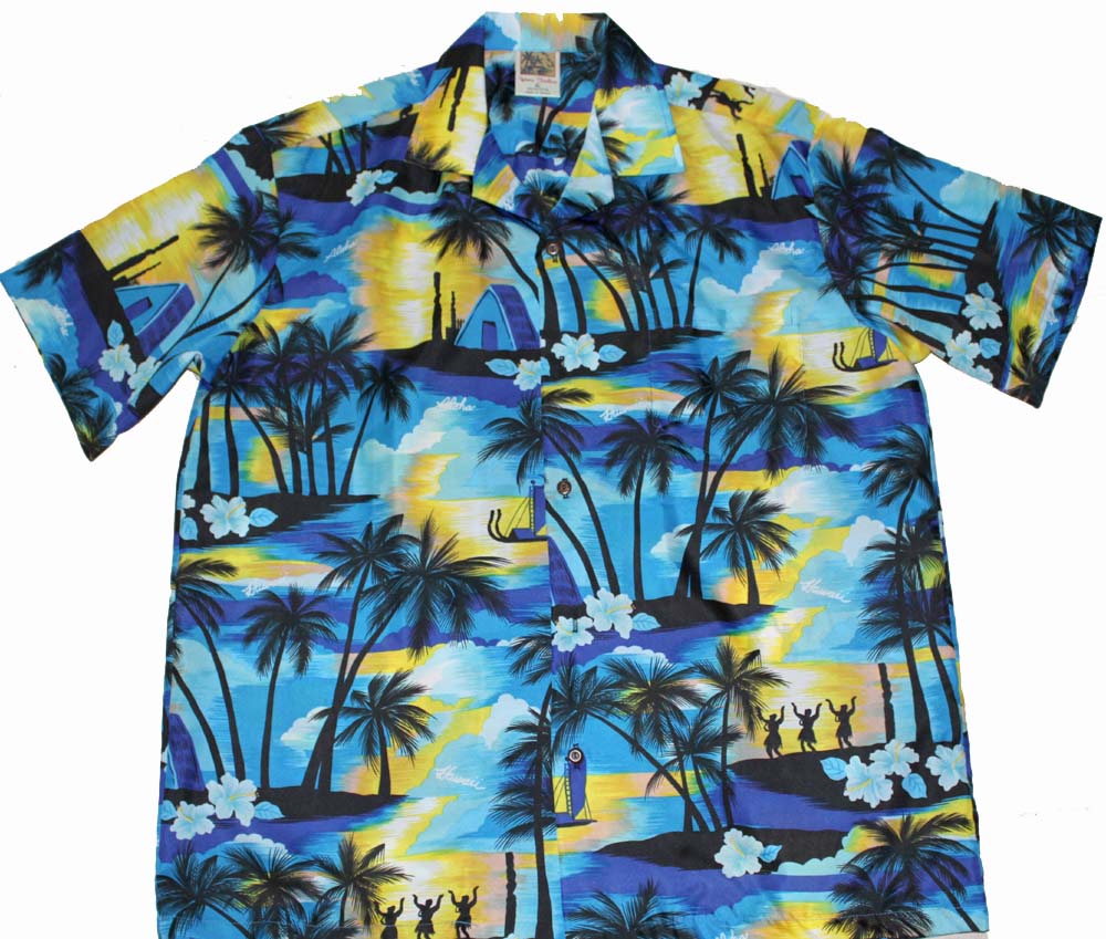 Hawaiian Party Shirt 100% polyester<br>#6 Blue Palm tree, M to 2XL