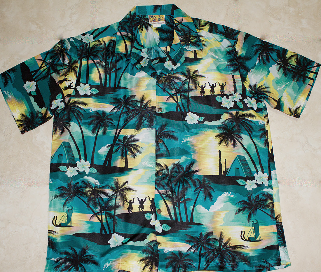 Hawaiian Shirt<br>(100% polyester)<br>Green Palm Tree