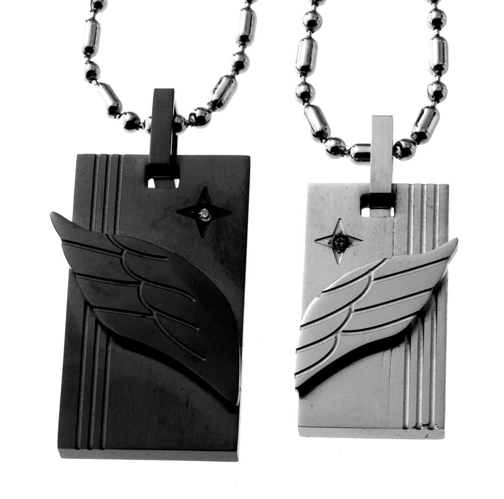Lovers Couple Black and White Tone<br> Angel Wing Matching Pendant Set